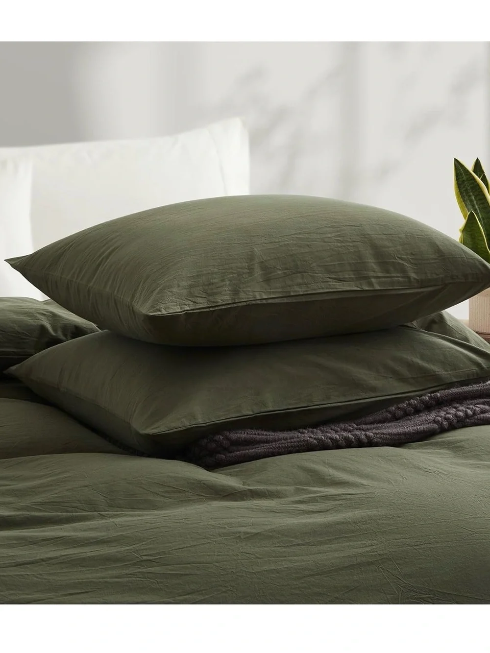 Olive Green Washed Cotton Duvet Cover Set - Queen